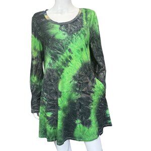 Umgee Womens Tie-Dye Long Sleeve Tunic Dress Green & Black Small New